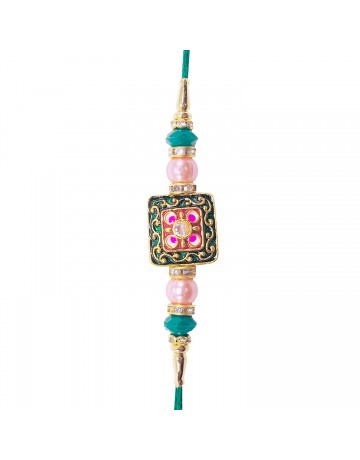 SQUARE WITH PINK AND GREEN PEARLS RAKHI