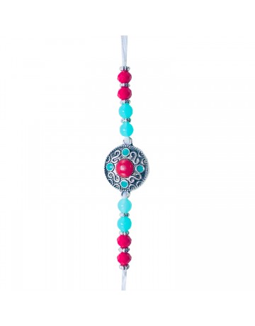 SILVER CIRCLE WITH FLOWER AND PEARL RAKHI