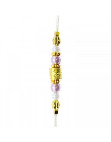 WHITE AND PURPLE PEARL WITH GOLDEN FLOWER RAKHI 