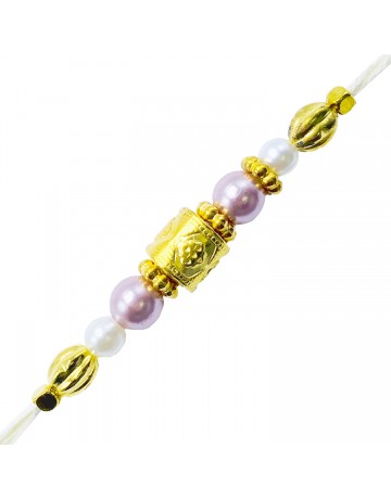 WHITE AND PURPLE PEARL WITH GOLDEN FLOWER RAKHI 