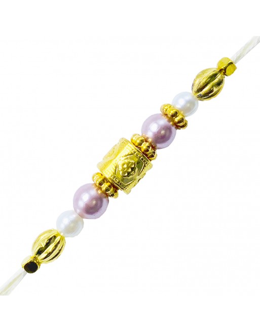 WHITE AND PURPLE PEARL WITH GOLDEN FLOWER RAKHI 