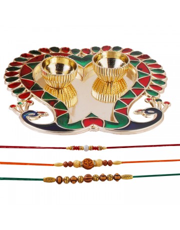 Hastkari 5PC Rakhi Platter Set for Brother & Bhabhi 3Pc Rakhee Bracelet Bhai Bhaiya Happy Raksha Bandhan Women Artisans Love from Sister Decorative Pooja Plate with Roli Chawal Vatis (Cups) HKRP00302