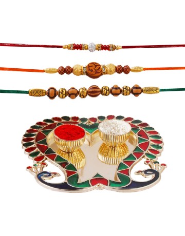 Hastkari 5PC Rakhi Platter Set for Brother & Bhabhi 3Pc Rakhee Bracelet Bhai Bhaiya Happy Raksha Bandhan Women Artisans Love from Sister Decorative Pooja Plate with Roli Chawal Vatis (Cups) HKRP00302