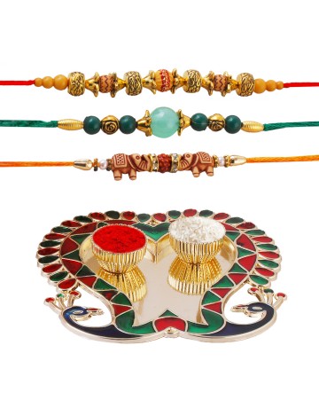 Hastkari 5PC Rakhi Platter Set for Brother & Bhabhi 3Pc Rakhee Bracelet Bhai Bhaiya Happy Raksha Bandhan Women Artisans Love from Sister Decorative Pooja Plate with Roli Chawal Vatis (Cups) HKRP00303