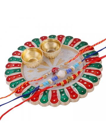 Hastkari 5PC Rakhi Platter Set for Brother & Bhabhi 3Pc Rakhee Bracelet Bhai Bhaiya Happy Raksha Bandhan Women Artisans Love from Sister Decorative Pooja Plate with Roli Chawal Vatis (Cups) HKRP00501