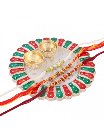 Hastkari 5PC Rakhi Platter Set for Brother & Bhabhi 3Pc Rakhee Bracelet Bhai Bhaiya Happy Raksha Bandhan Women Artisans Love from Sister Decorative Pooja Plate with Roli Chawal Vatis (Cups) HKRP00502