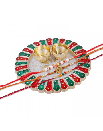 Hastkari 5PC Rakhi Platter Set for Brother & Bhabhi 3Pc Rakhee Bracelet Bhai Bhaiya Happy Raksha Bandhan Women Artisans Love from Sister Decorative Pooja Plate with Roli Chawal Vatis (Cups) HKRP00503