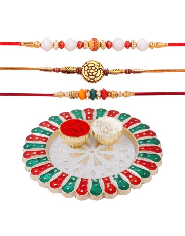 Hastkari 5PC Rakhi Platter Set for Brother & Bhabhi 3Pc Rakhee Bracelet Bhai Bhaiya Happy Raksha Bandhan Women Artisans Love from Sister Decorative Pooja Plate with Roli Chawal Vatis (Cups) HKRP00503