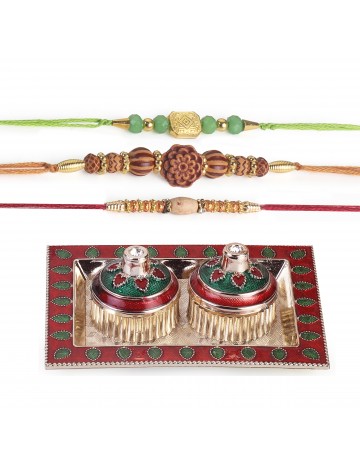 Hastkari 5PC Rakhi Platter Set for Brother & Bhabhi 3Pc Rakhee Bracelet Bhai Bhaiya Happy Raksha Bandhan Women Artisans Love from Sister Decorative Pooja Plate with Roli Chawal Vatis (Cups) HKRP00603