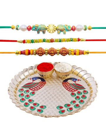 Hastkari 5PC Rakhi Platter Set for Brother & Bhabhi 3Pc Rakhee Bracelet Bhai Bhaiya Happy Raksha Bandhan Women Artisans Love from Sister Decorative Pooja Plate with Roli Chawal Vatis (Cups) HKRP00702