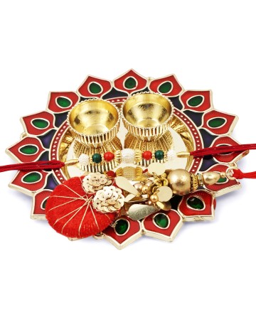 Hastkari 4PC Rakhi Platter Set for Brother & Bhabhi 1Set Handmade Rakhee & Lumba Bracelet Bhai Happy Raksha Bandhan Love from Sister Decorative Pooja Plate with Vatis (Cups) for Roli Chawal HKRLP002