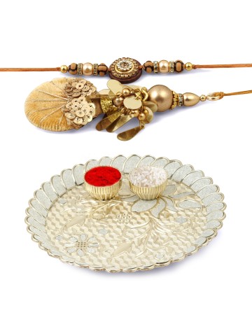 Hastkari 4PC Rakhi Platter Set for Brother & Bhabhi 1Set Handmade Rakhee & Lumba Bracelet Bhai Happy Raksha Bandhan Love from Sister Decorative Pooja Plate with Vatis (Cups) for Roli Chawal HKRLP004