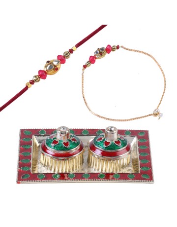 Hastkari 4PC Rakhi Platter Set for Brother & Bhabhi 1Set Handmade Rakhee & Lumba Bracelet Bhai Happy Raksha Bandhan Love from Sister Decorative Pooja Plate with Vatis (Cups) for Roli Chawal HKRLP006