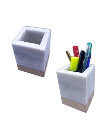 MARBLE WOODEN SQUARE PEN STAND
