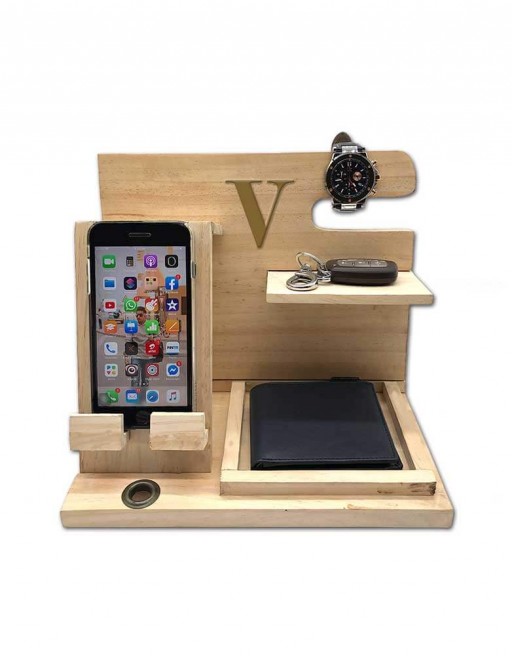 FOLDING WOODEN MULTI UTILITY DESK ORGANIZER WITH TRAY FOR SUNGLASSES AND KEYS, MOBILE CHARGING DOCK, WALLET BOX AND WATCH HANGER.