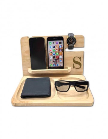 DETACHABLE WOODEN MULTI UTILITY DESK ORGANIZER WITH DUAL MOBILE STAND, TRAYS FOR WALLET, SUN GLASSES, ETC. WITH KEY AND WATCH HANGER.