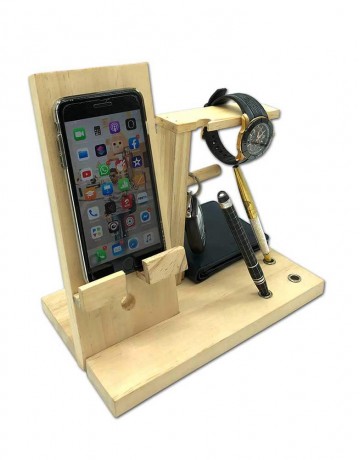 WOODEN DESK ORGANIZER WITH POLE FOR HANGING KEYS AND WATCHES, MOBILE CHARGING DOCK, PEN STAND AND PLACE FOR WALLET AND SUN GLASSES