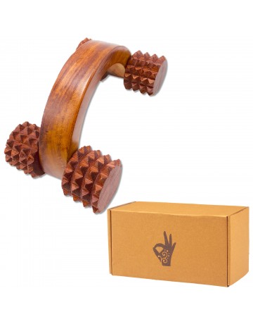 HKMP008 - Rose Wood Handheld 5.5” 4 Roller Unisex Acupressure Massager Full Body Pain Relief for Calf Back Neck Shoulder Arms Legs Deep Tissue Muscle Relaxation Massage Therapy Self Massager