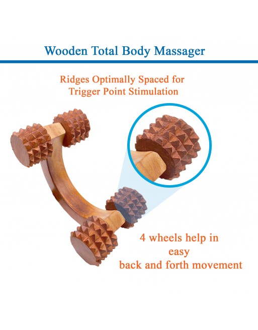 HKMP008 - Rose Wood Handheld 5.5” 4 Roller Unisex Acupressure Massager Full Body Pain Relief for Calf Back Neck Shoulder Arms Legs Deep Tissue Muscle Relaxation Massage Therapy Self Massager