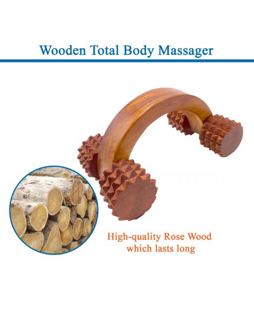 HKMP008 - Rose Wood Handheld 5.5” 4 Roller Unisex Acupressure Massager Full Body Pain Relief for Calf Back Neck Shoulder Arms Legs Deep Tissue Muscle Relaxation Massage Therapy Self Massager