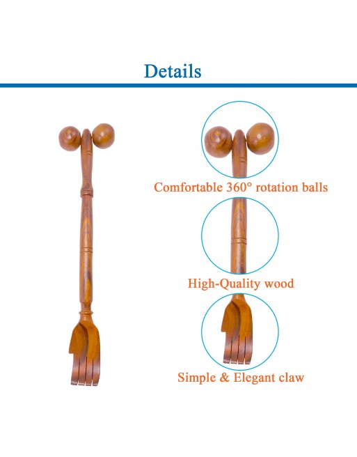 HKMP009 - Rose Wood Dual Handheld 15” Back Scratcher with Roller Massager Unisex Full Body Pain Relief for Back Calf Neck Shoulder Deep Tissue Muscle Relaxation Massage Therapy Self Massager 