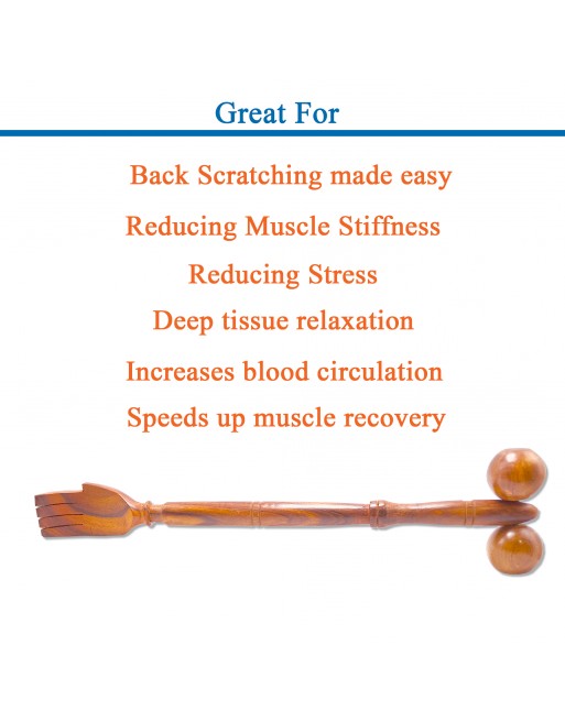 HKMP009 - Rose Wood Dual Handheld 15” Back Scratcher with Roller Massager Unisex Full Body Pain Relief for Back Calf Neck Shoulder Deep Tissue Muscle Relaxation Massage Therapy Self Massager 