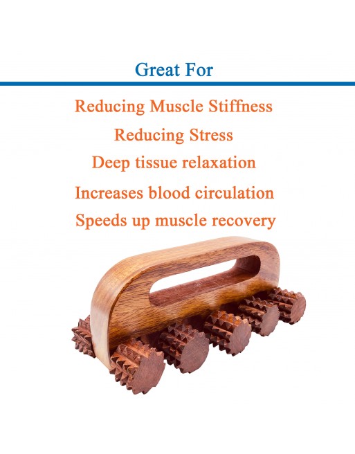 HKMP012 - Rose Wood Handheld 7" 5 Roller Unisex Massager for Face and Full Body Acupressure Massage Pain Relief Calf Back Neck Shoulder Muscle Relaxation Therapy Good for Pain Points 