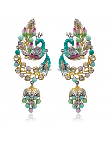 Colorful metal and white Kundan peacock earrings