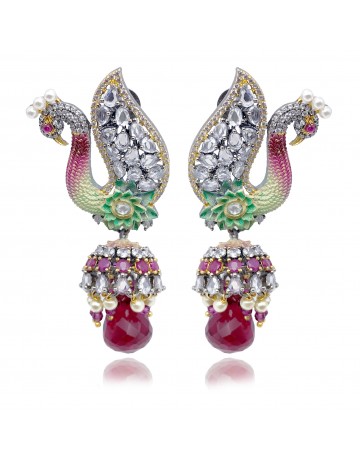Colorful peacock earrings studded with American diamonds