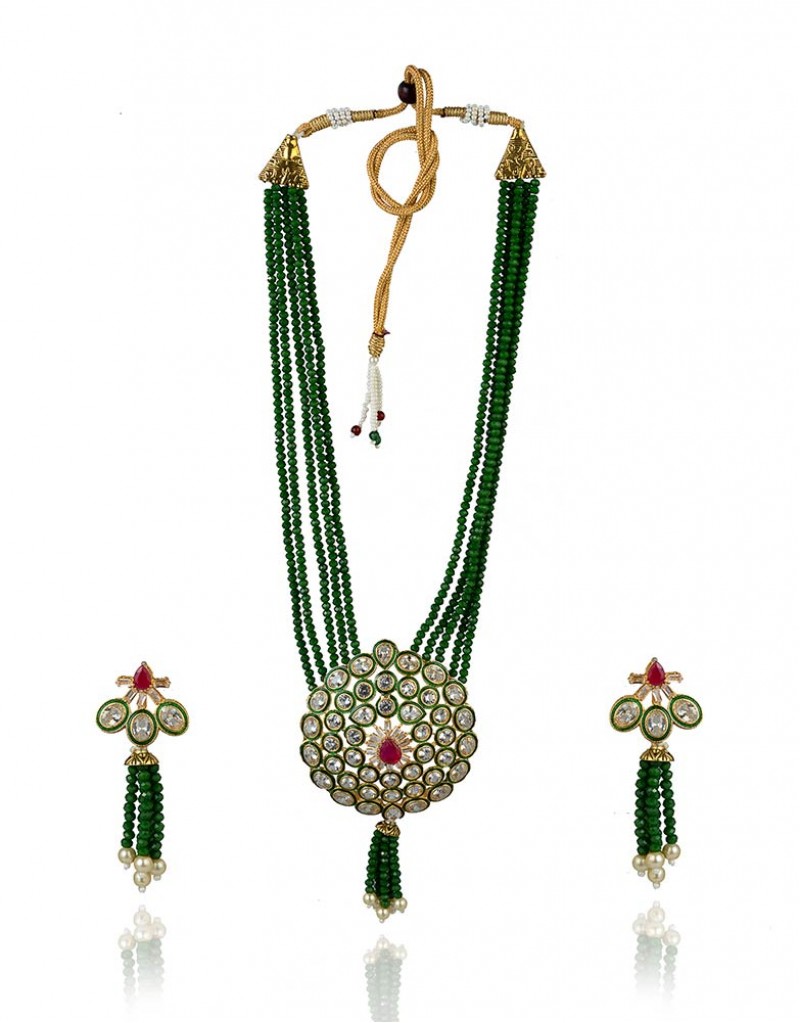HASTKARI GREEN MOTI KUNDAN PENDANT SET