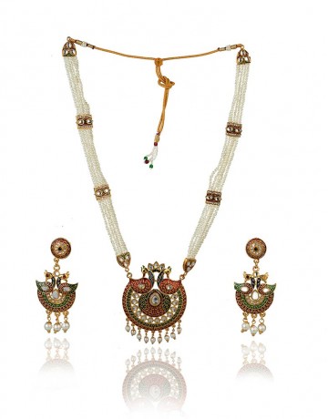 HASTKARI PEARL BEADED PEACOCK KUNDAN NECKLACE SET